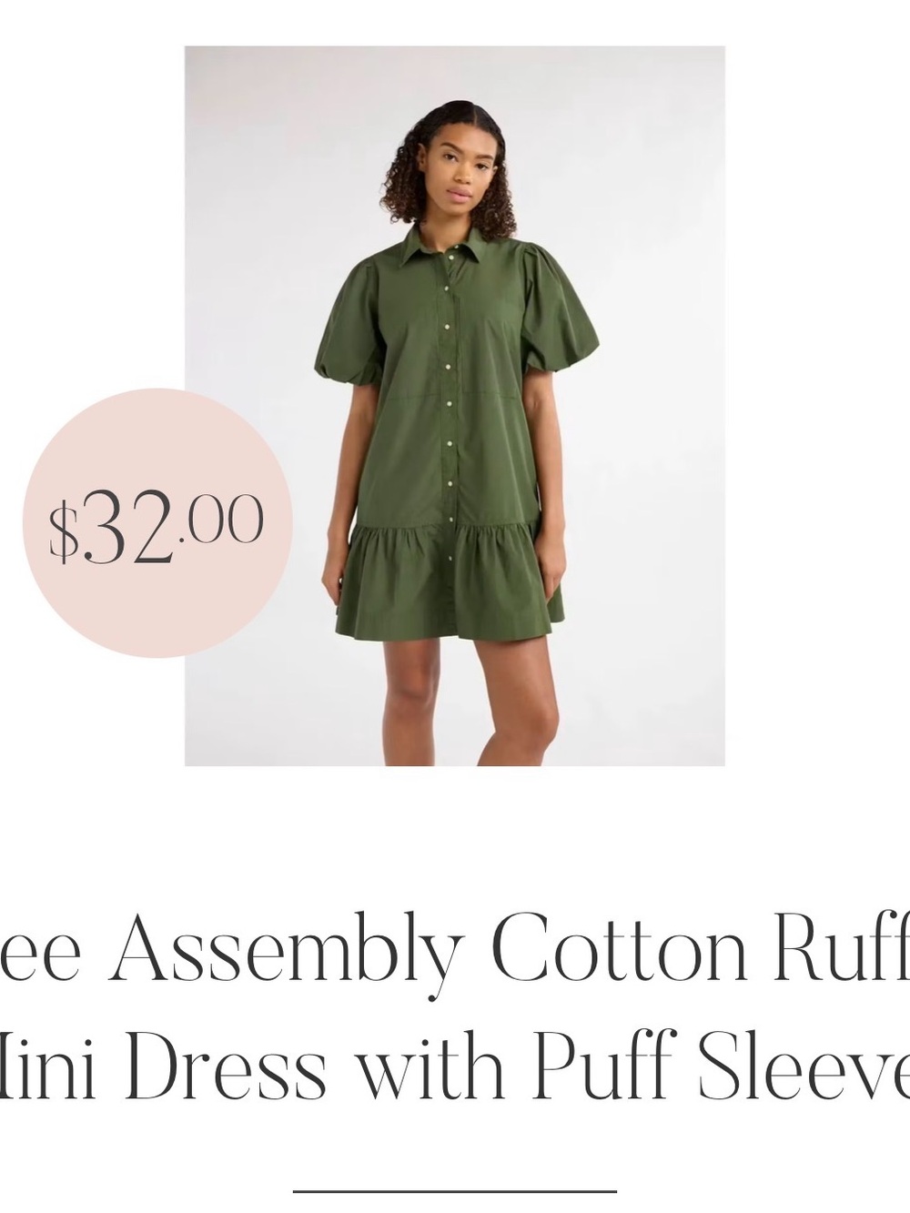 Puff-Sleeve Cotton Mini Dress in Olive Green